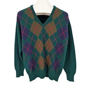 Vintage 90s Argyle Lambswool V Neck Sweater Preppy Academia Lyle & Scott Size 42